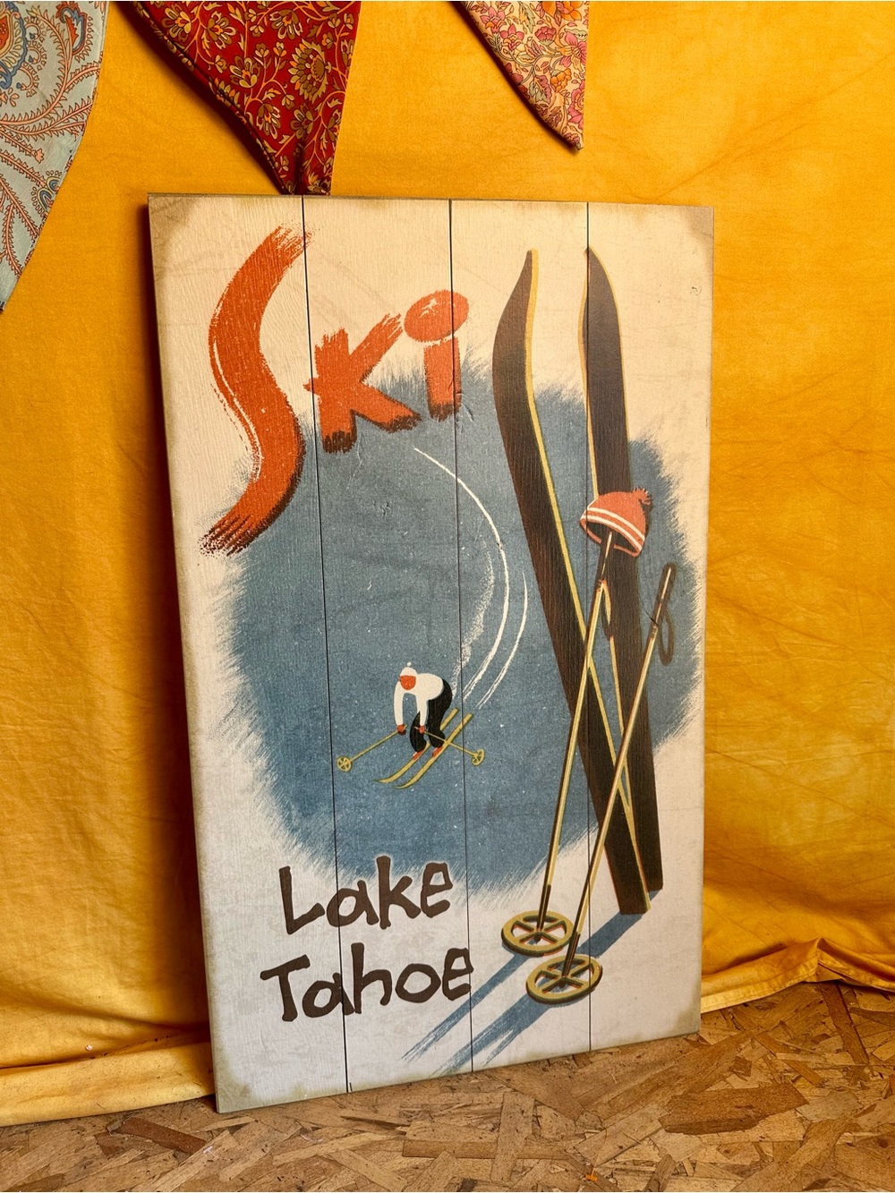 Lake Tahoe Ski Vintage-Style Wood Wall Art in Orange, Blue, Black